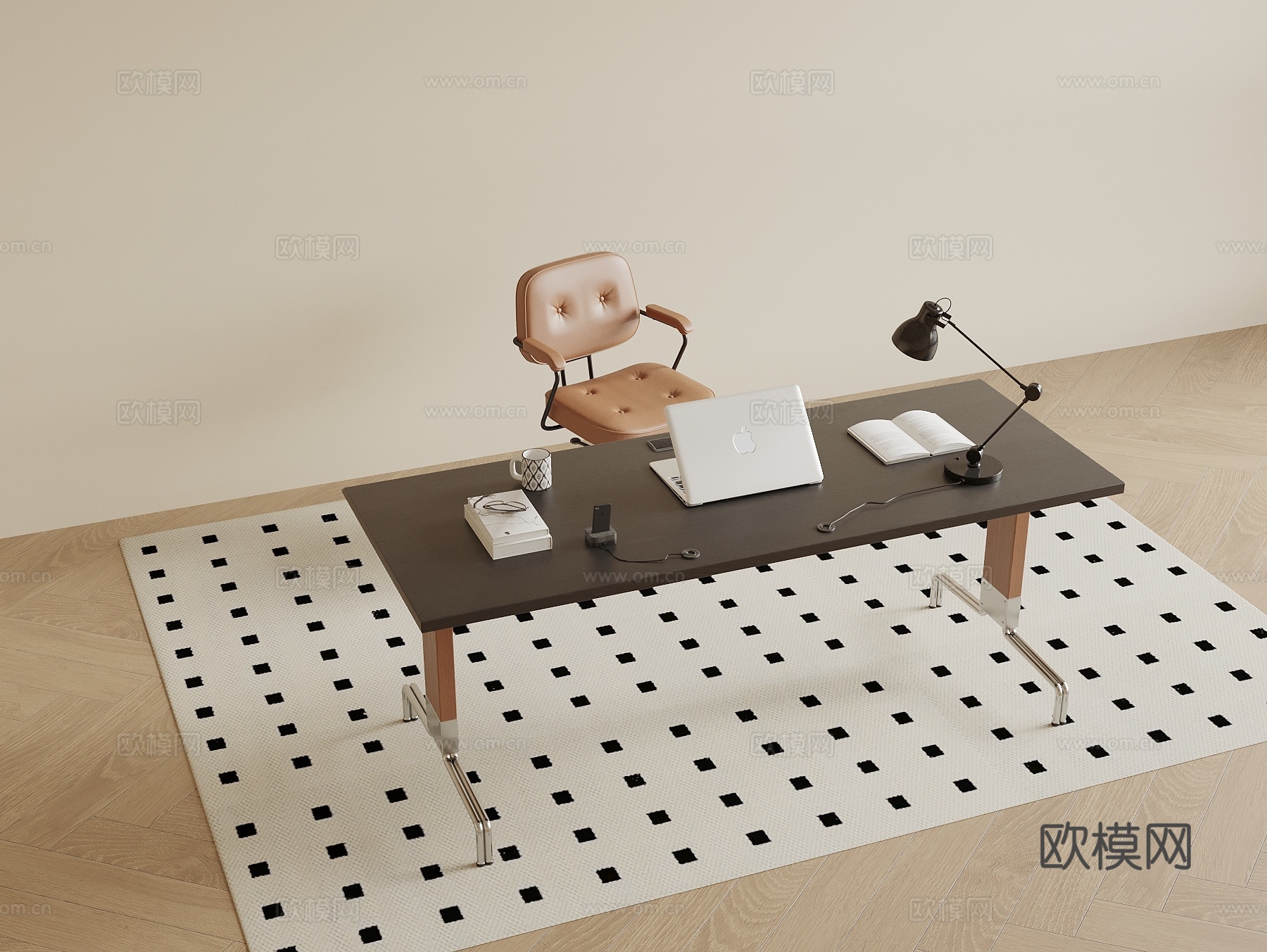 现代中古风书桌椅3d模型