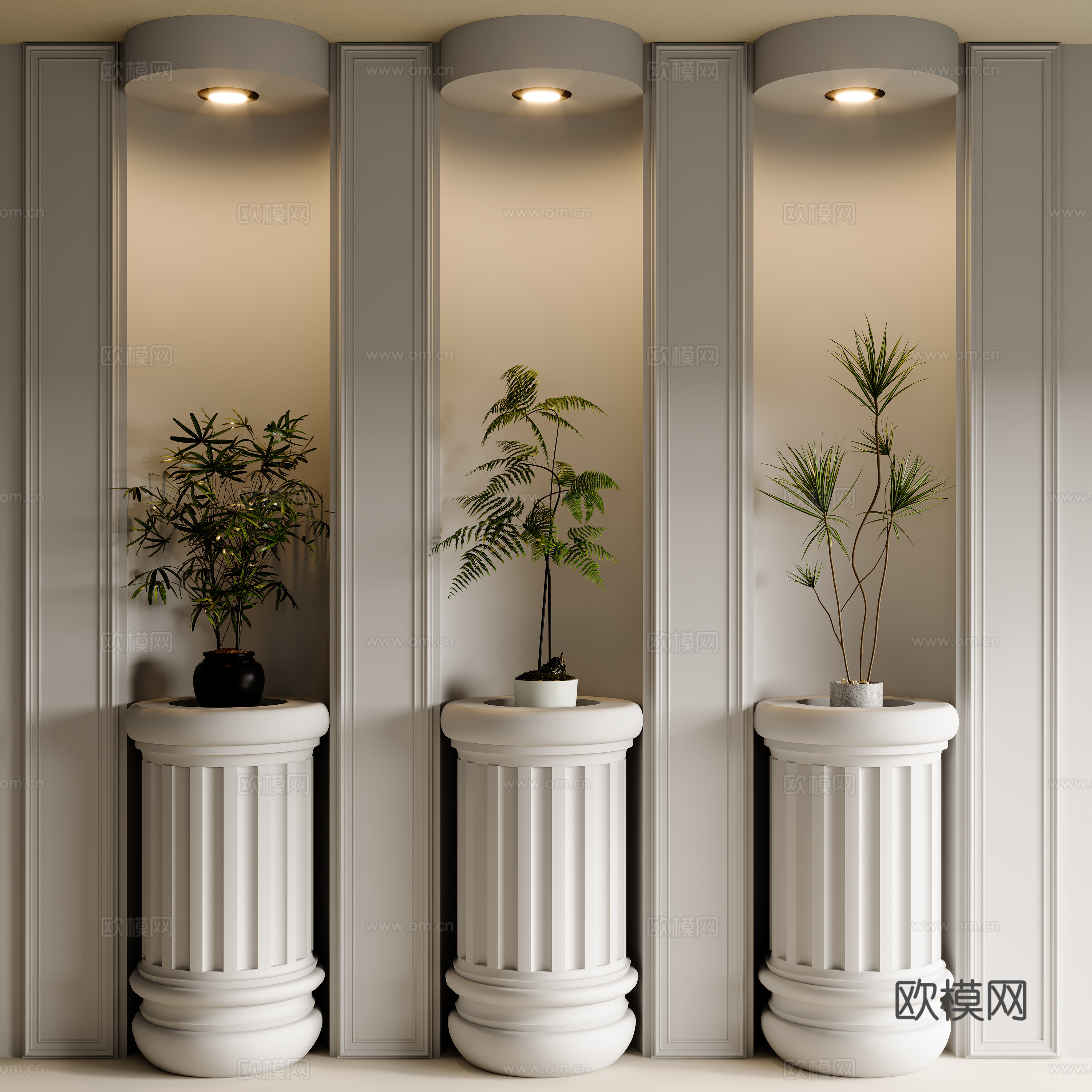 现代石膏背景墙  展示台背景墙 玄关走廊背景墙 现代花卉盆3d模型
