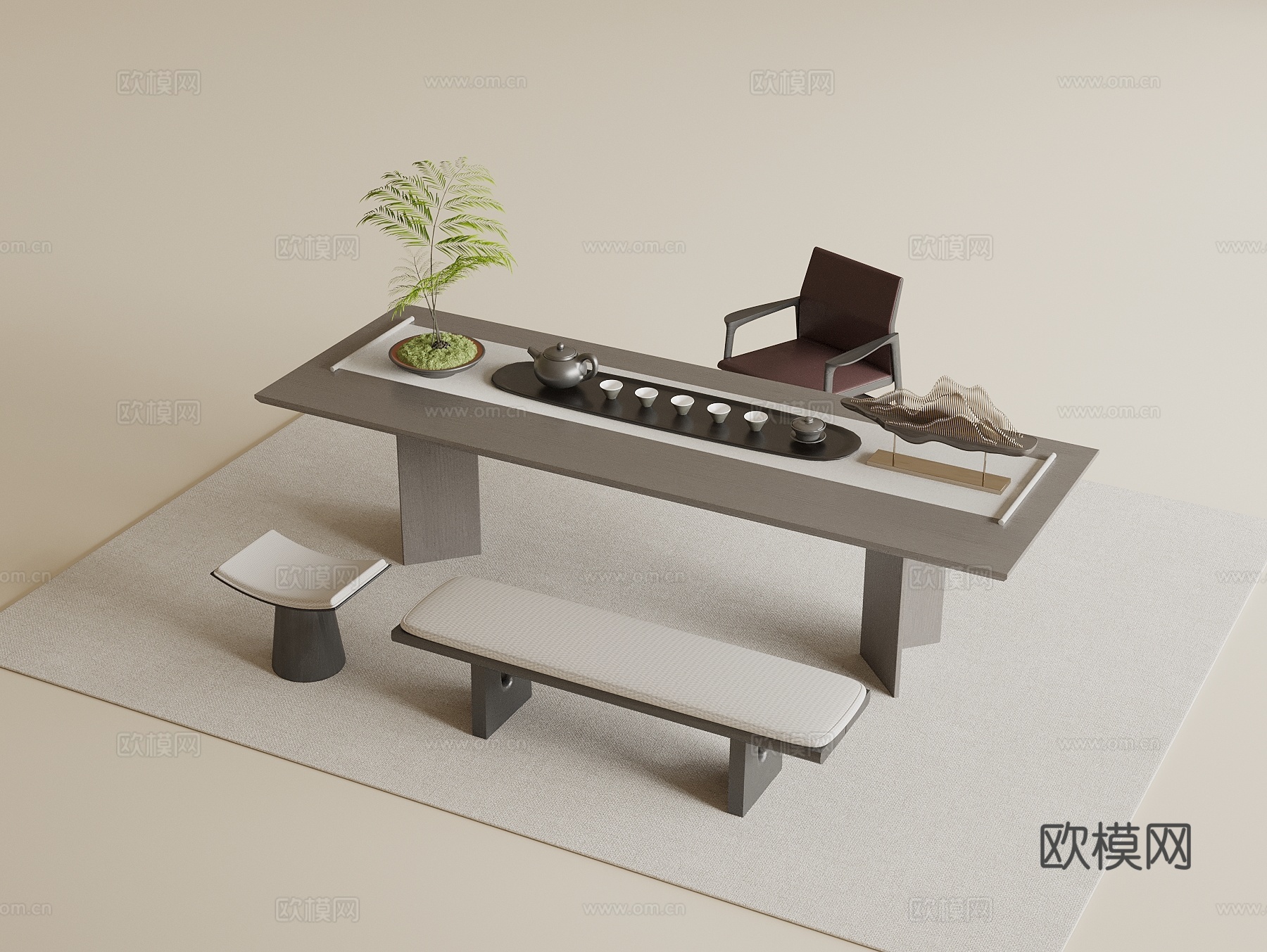 新中式茶桌椅 茶具 茶室摆件3d模型