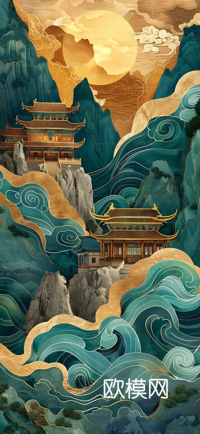 高清新款大美国风国潮元素中式美学壁画壁纸背景下载