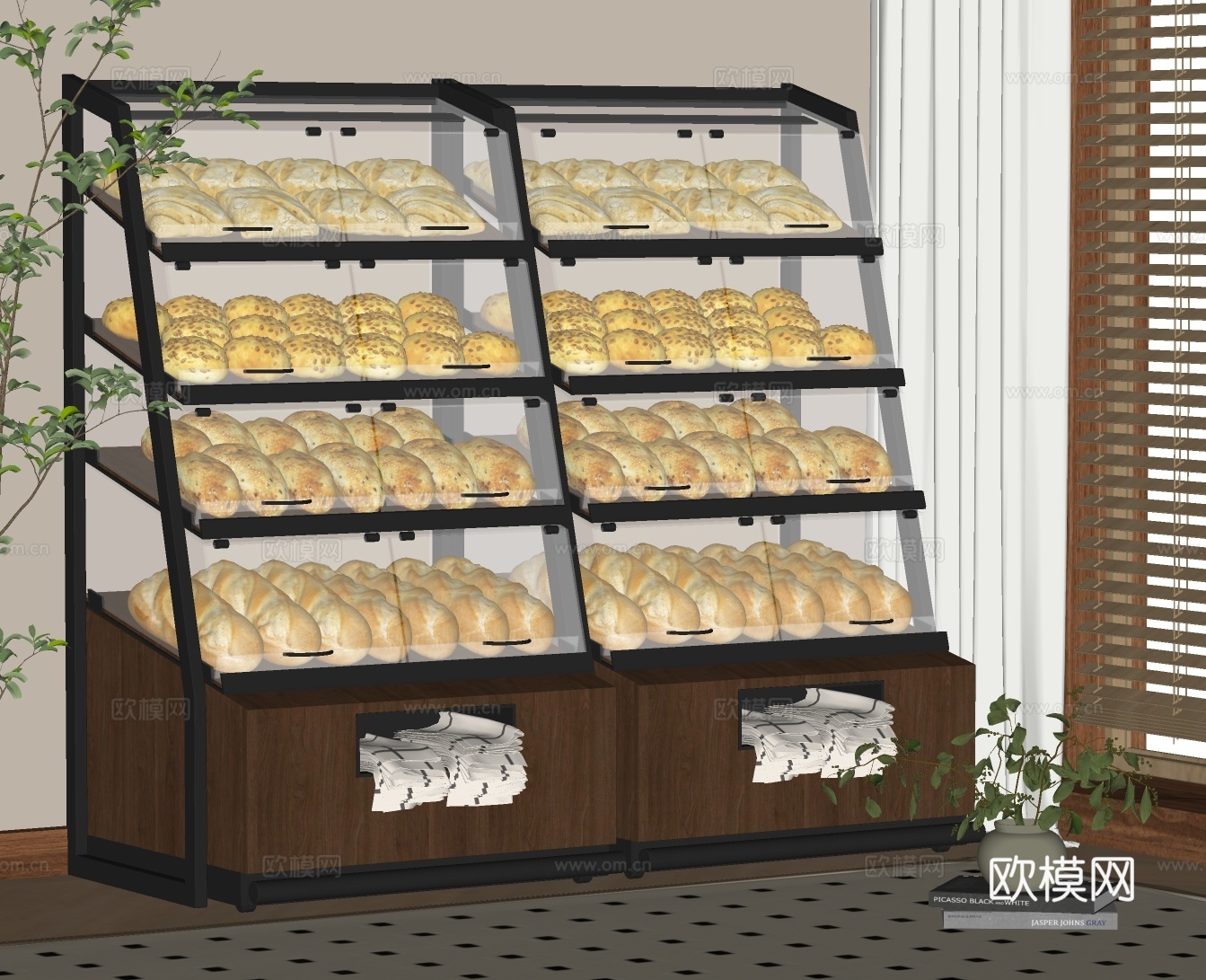 现代面包展示架 甜品展示柜 烘焙店货架 面包货架 货架展柜su模型