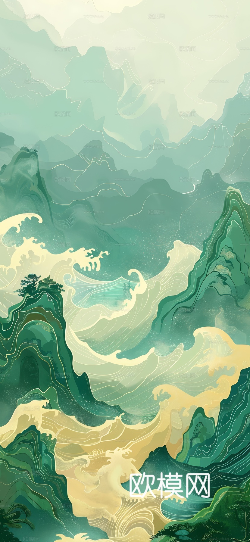 高清新款大美国风国潮元素中式美学壁画壁纸背景下载