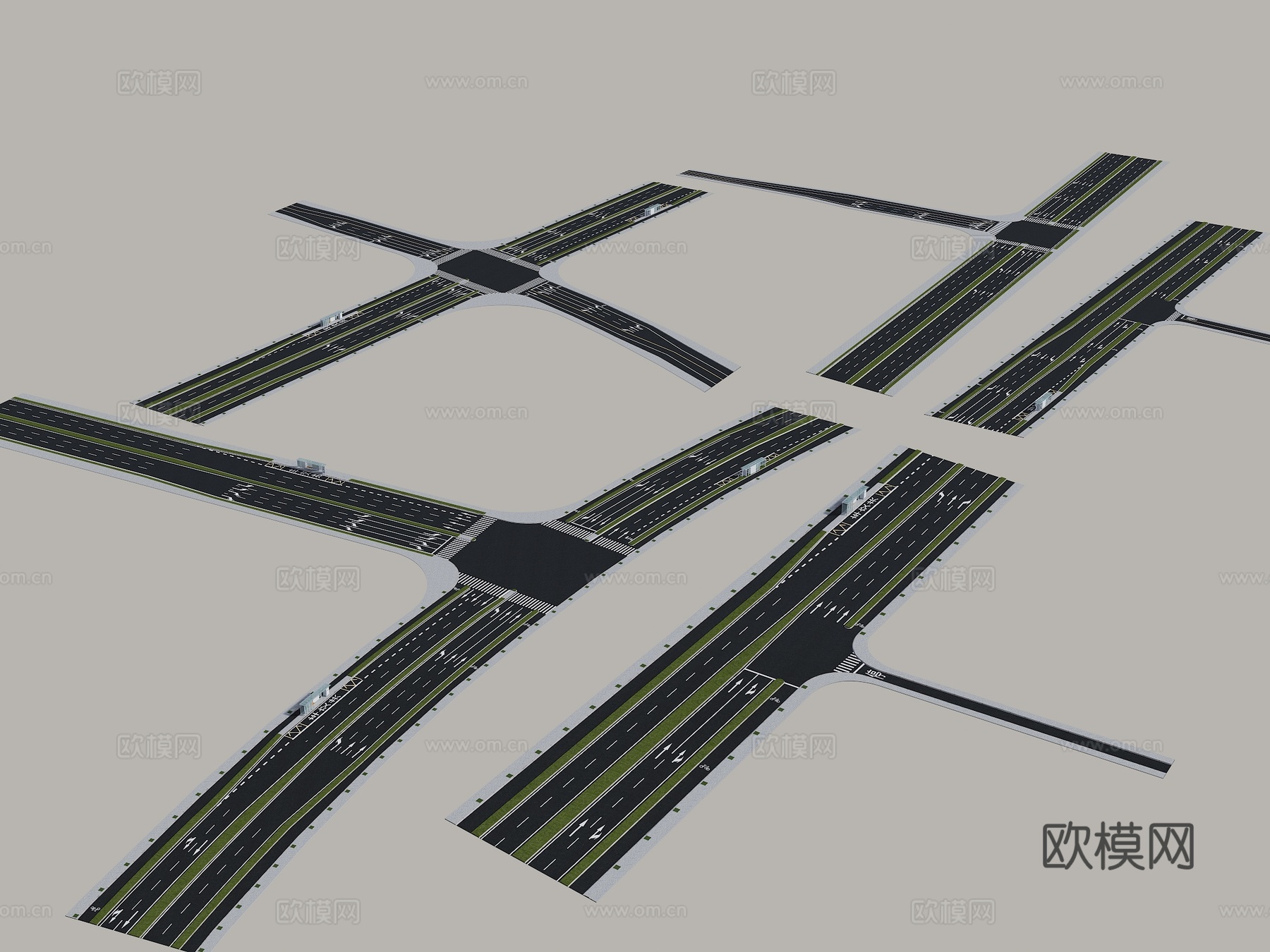 道路标准段 车道马路 现代道路 马路 其他地面 路口 车道马3d模型