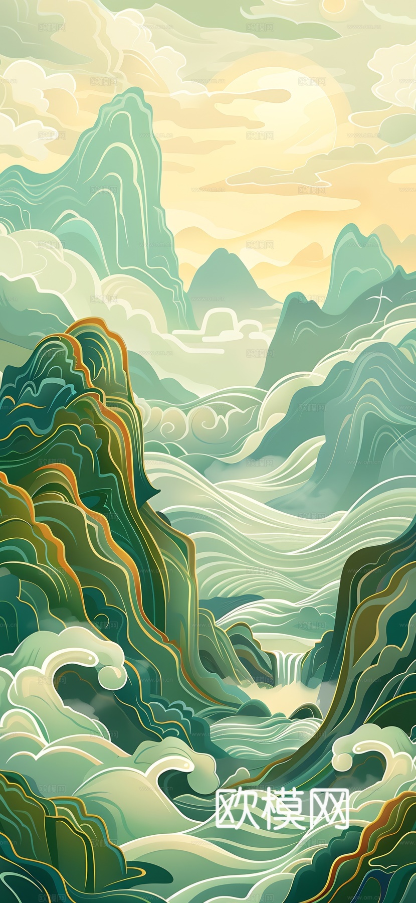 高清新款大美国风国潮元素中式美学壁画壁纸背景下载