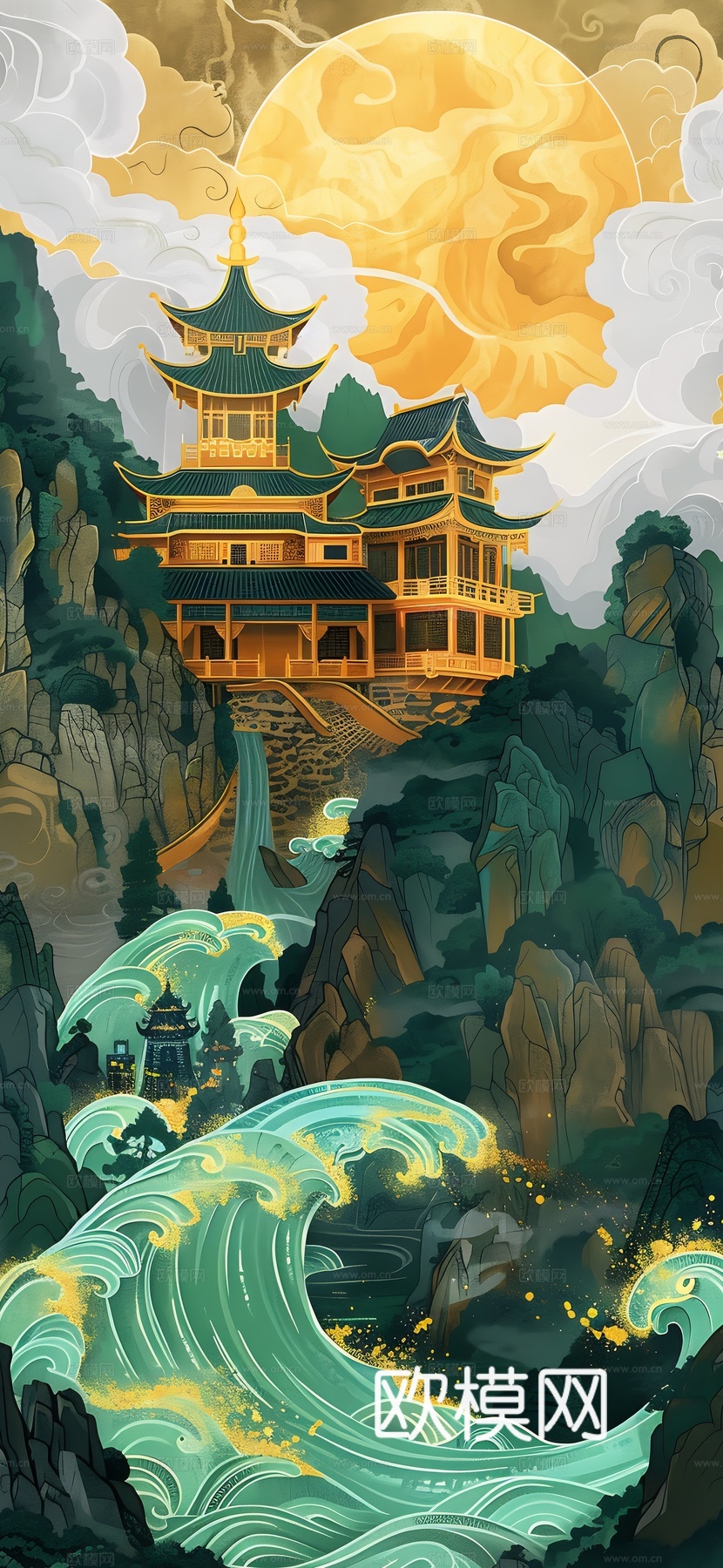 高清新款大美国风国潮元素中式美学壁画壁纸背景下载