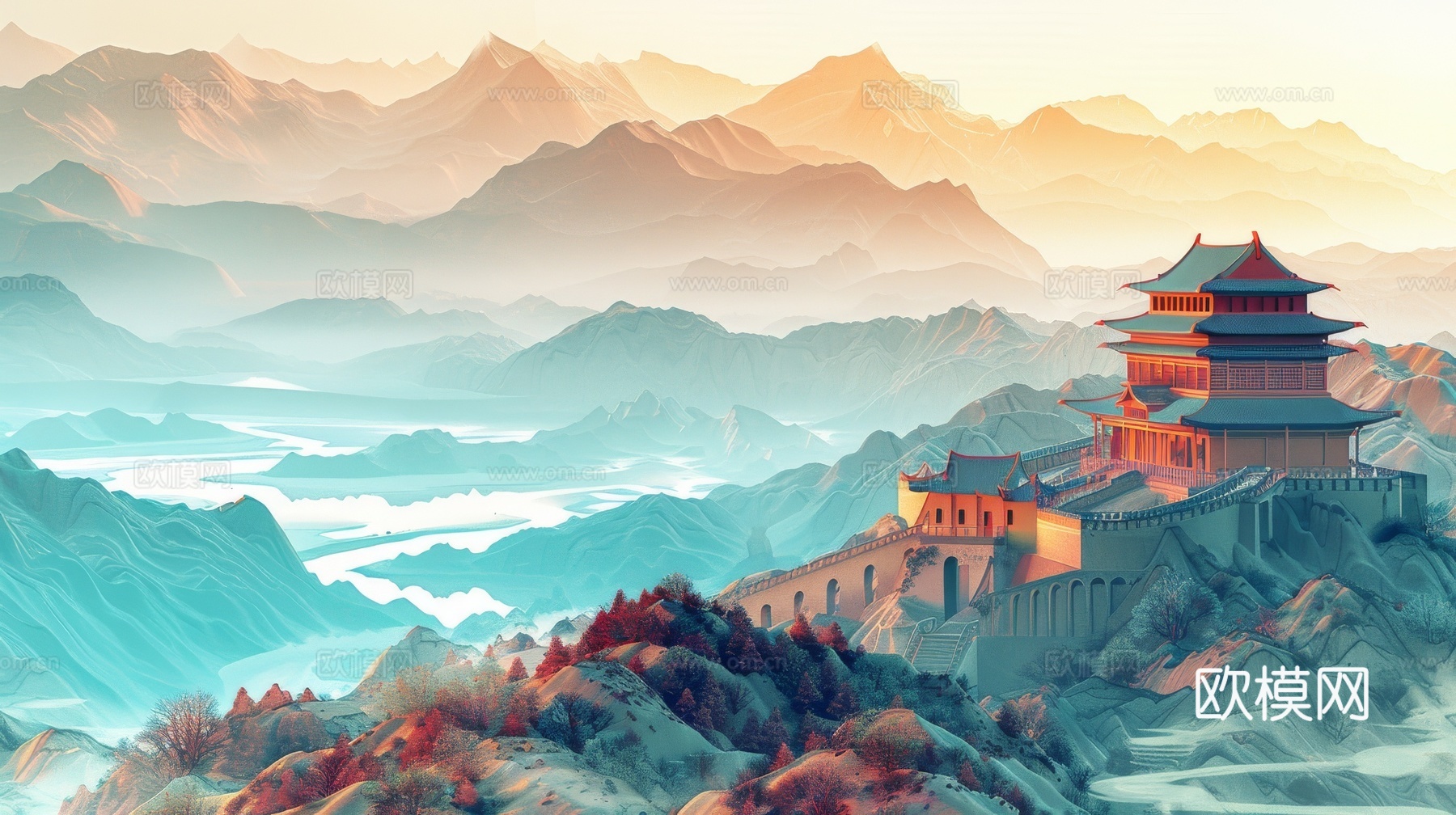 高清新款大美国风国潮元素中式美学壁画壁纸背景