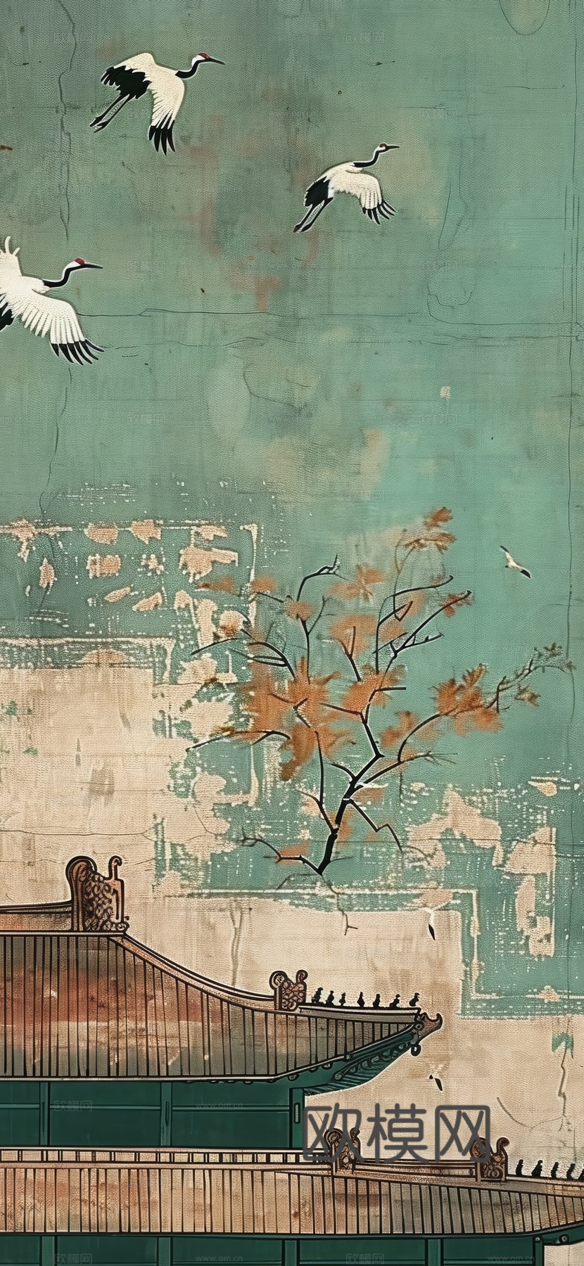 高清新款大美国风国潮元素中式美学壁画壁纸背景