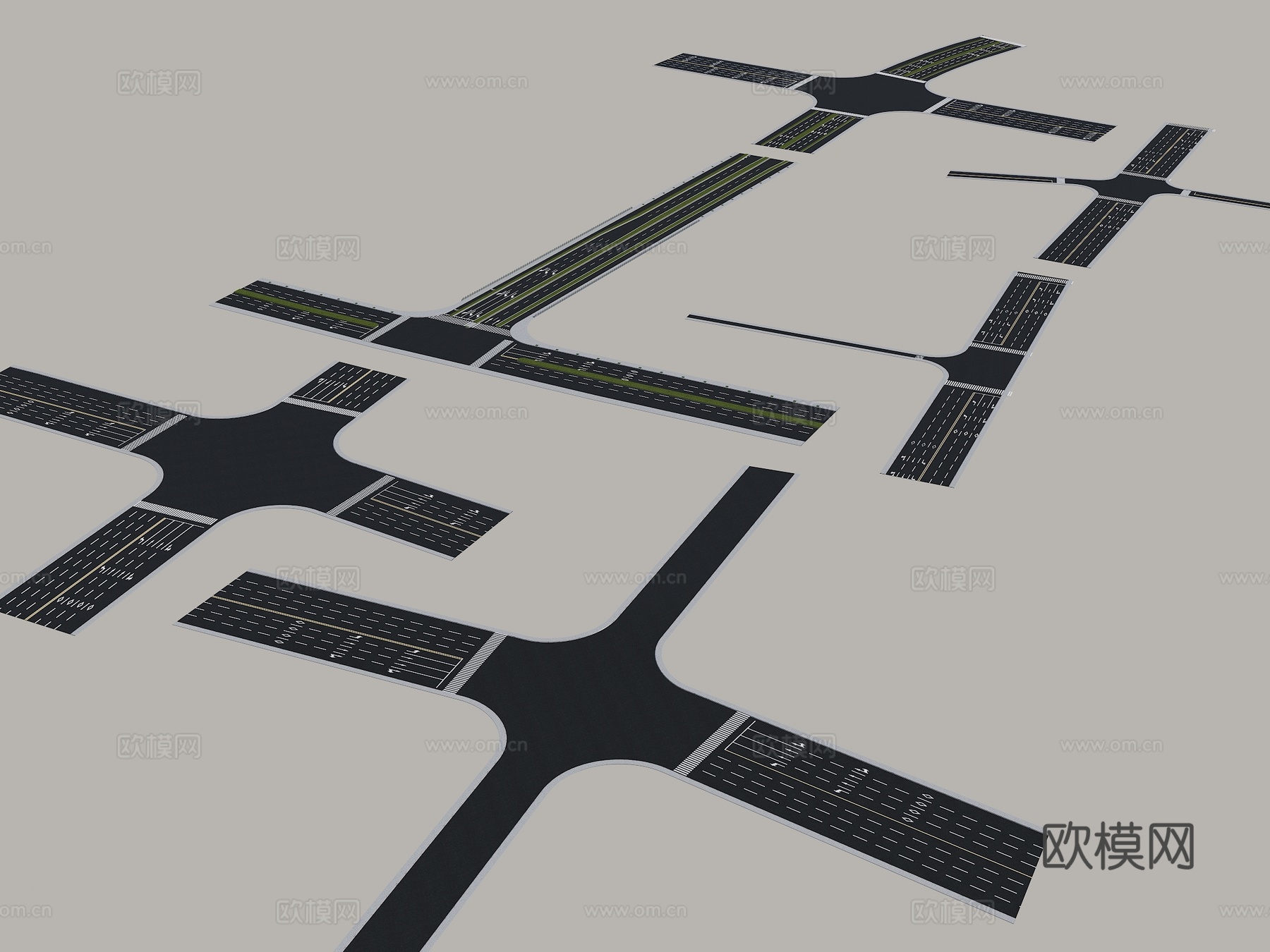 现代道路 十字苦口 道路路口 T字状路口 三叉路口 车道马路3d模型