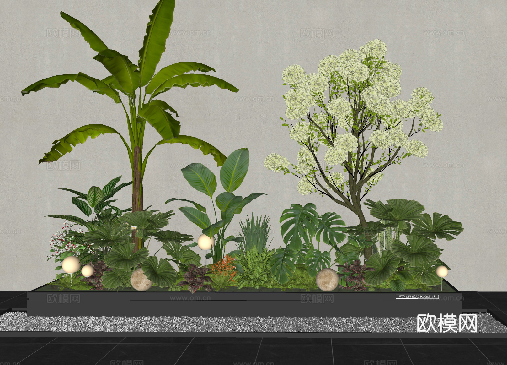 现代室内植物组合 植物堆 花镜 中华木绣球 植物景观造景 灌su模型