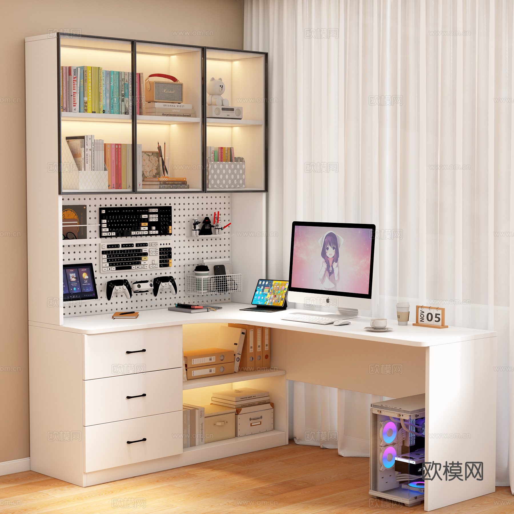 现代简约奶油风多功能电脑桌书桌3d模型