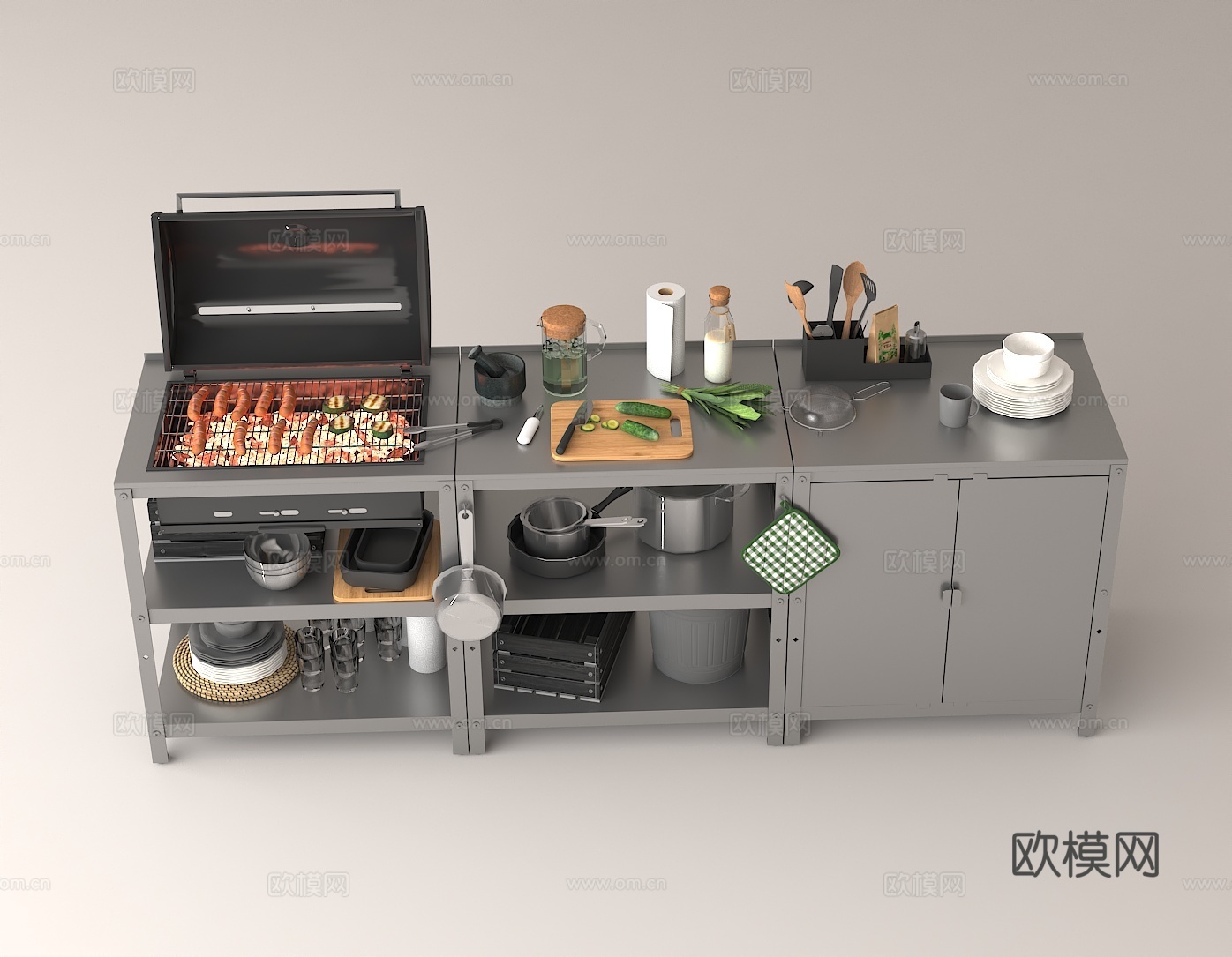 现代烹饪工具3D餐厨具收纳 厨房置物架 金属厨具3d模型