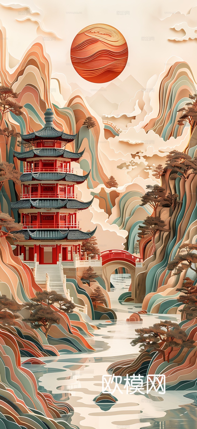 高清新款大美国风国潮元素中式美学壁画壁纸背景