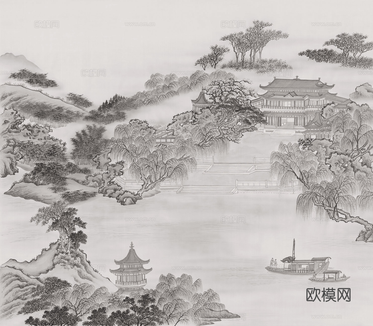 中式山水楼阁壁画贴图