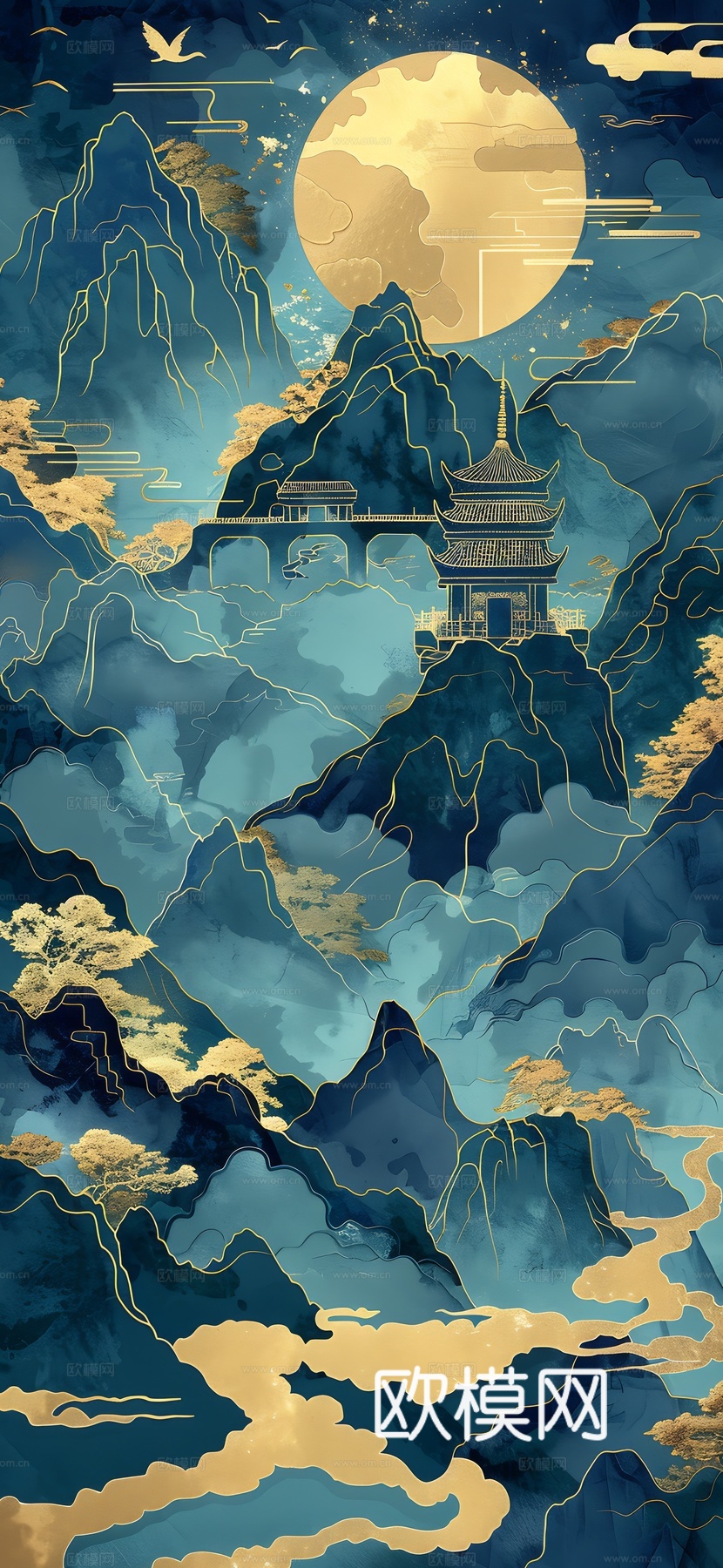 高清新款大美国风国潮元素中式美学壁画壁纸背景