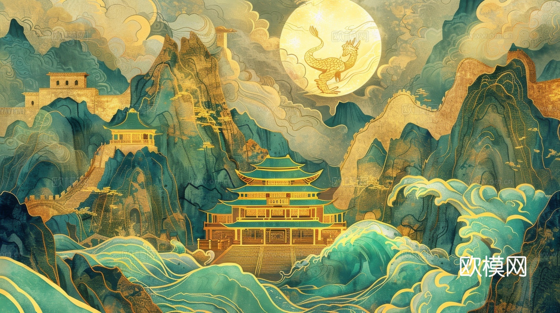 高清新款大美国风国潮元素中式美学壁画壁纸背景下载