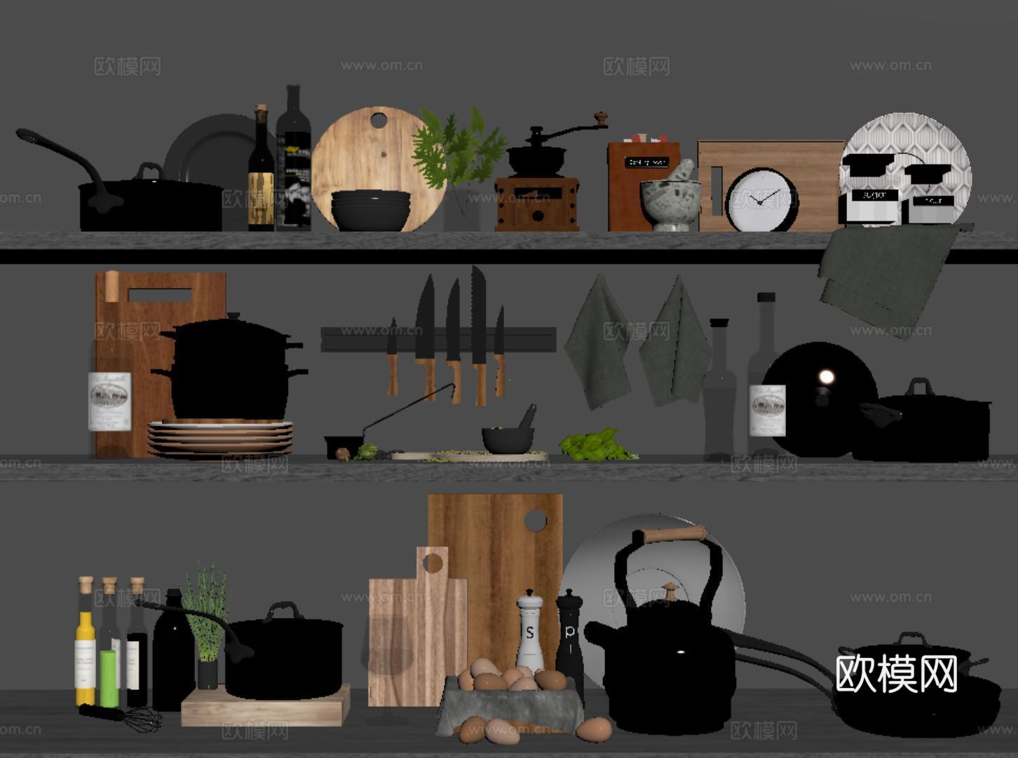 现代厨具 调料瓶 锅具 厨房用品 餐具组合su模型