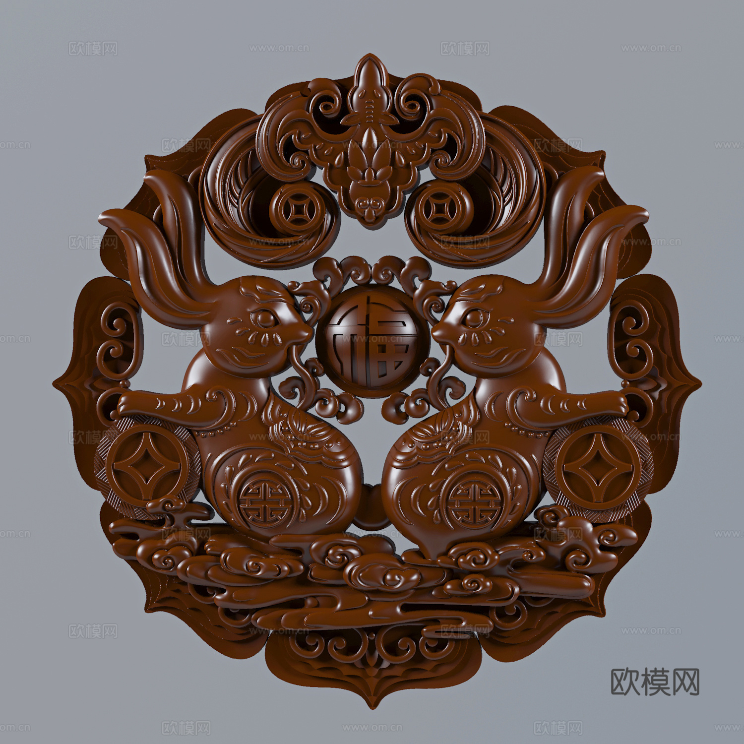 现代新中式祥云福兔镂空浮雕雕塑摆件3d模型