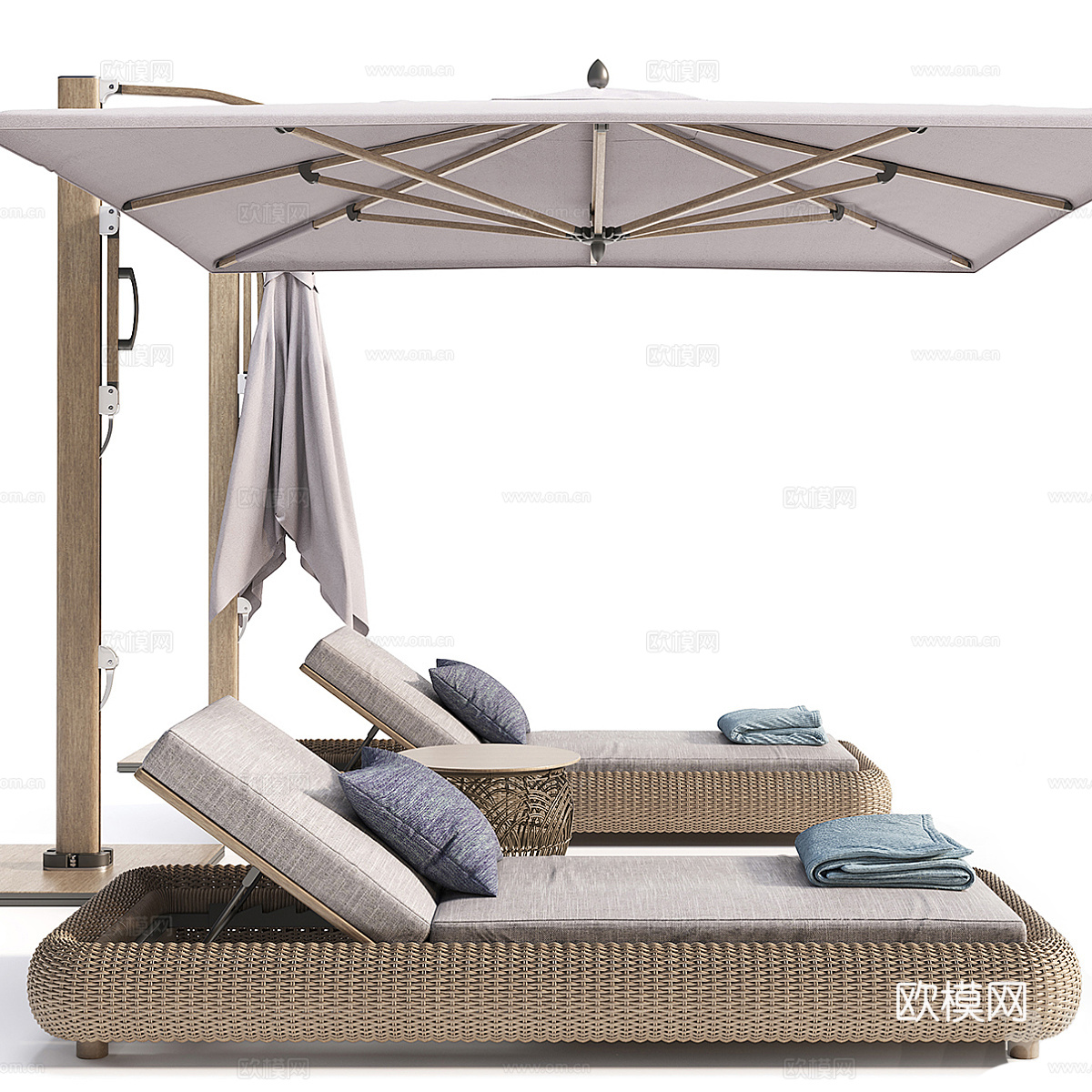 新中式侘寂藤编躺椅 遮阳伞3d模型