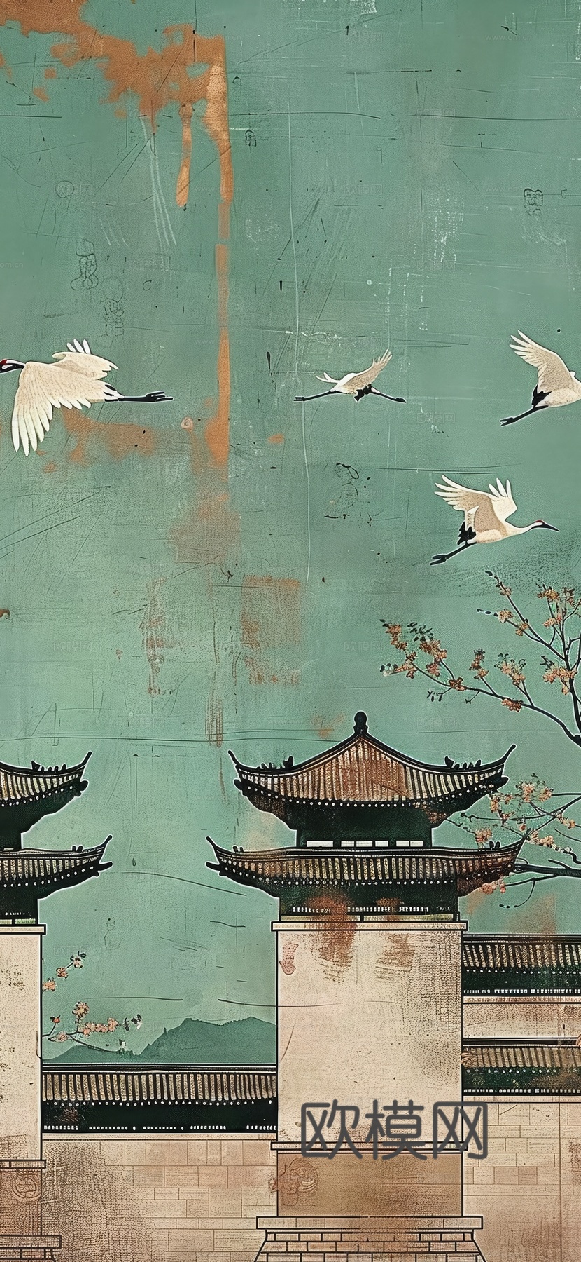 高清新款大美国风国潮元素中式美学壁画壁纸背景