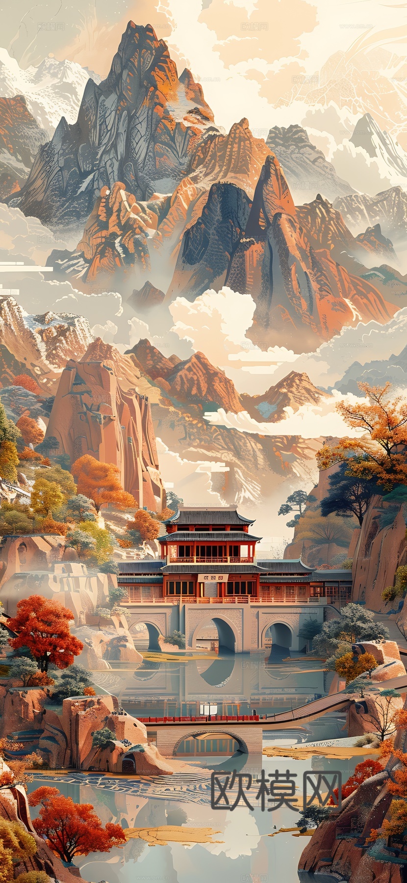 高清新款大美国风国潮元素中式美学壁画壁纸背景