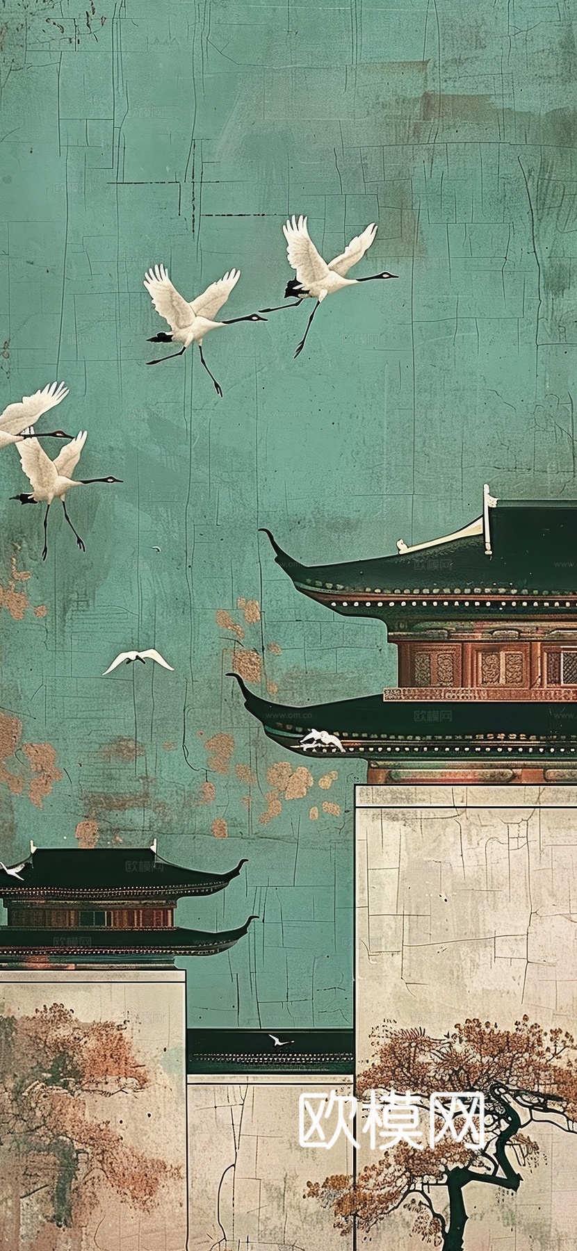 高清新款大美国风国潮元素中式美学壁画壁纸背景