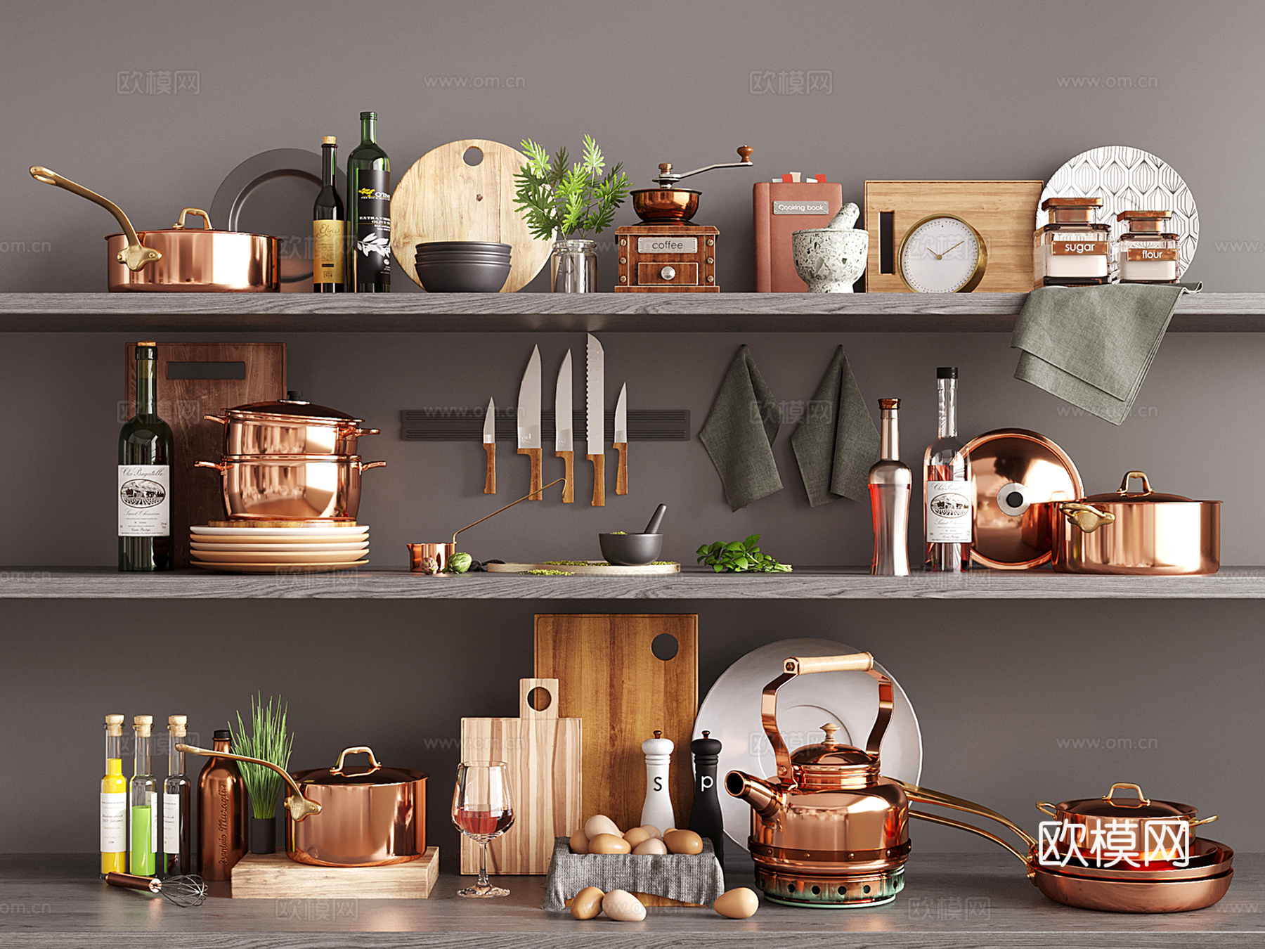 现代厨具 调料瓶 锅具 厨房用品 餐具组合su模型