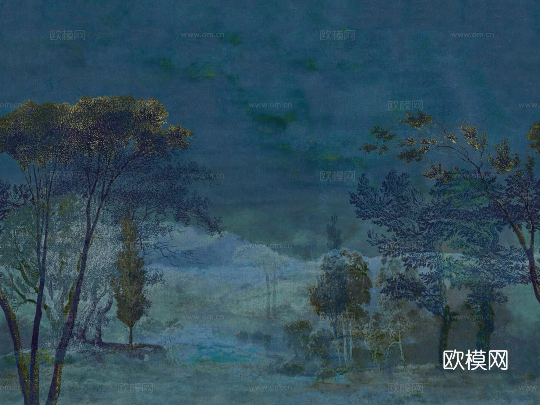 蓝色做旧植物壁画