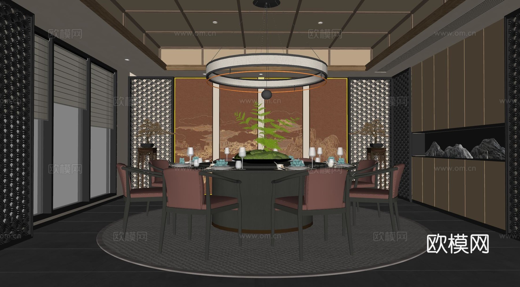 新中式包间  酒店包间 包厢su模型