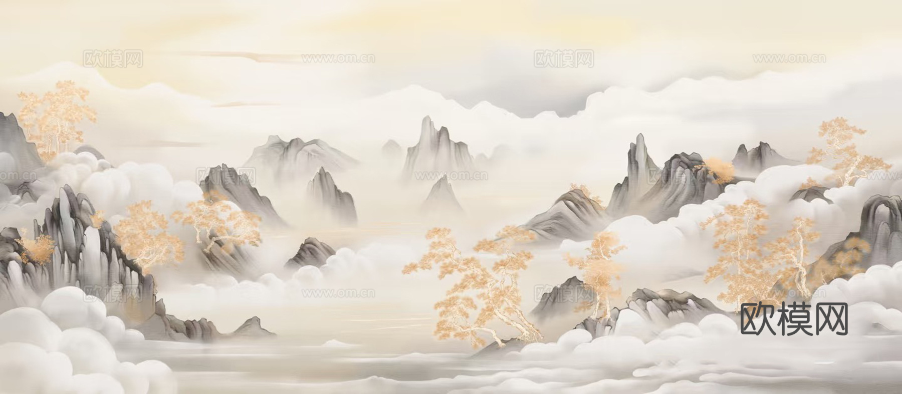 暖色水墨山水壁画