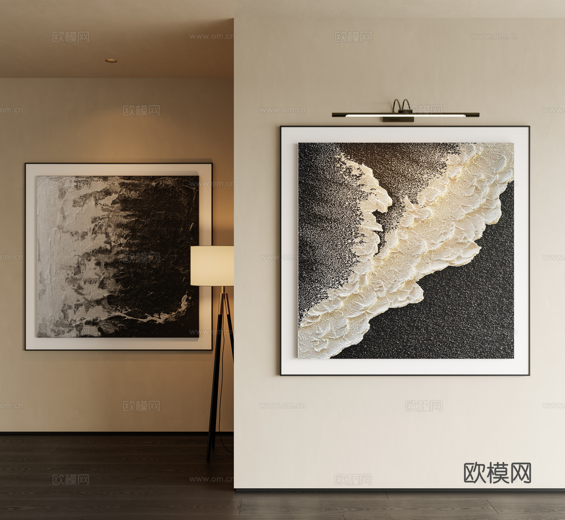 现代黑白灰挂画 背景墙挂画 玄关挂画 艺术家肌理画 海浪画3d模型