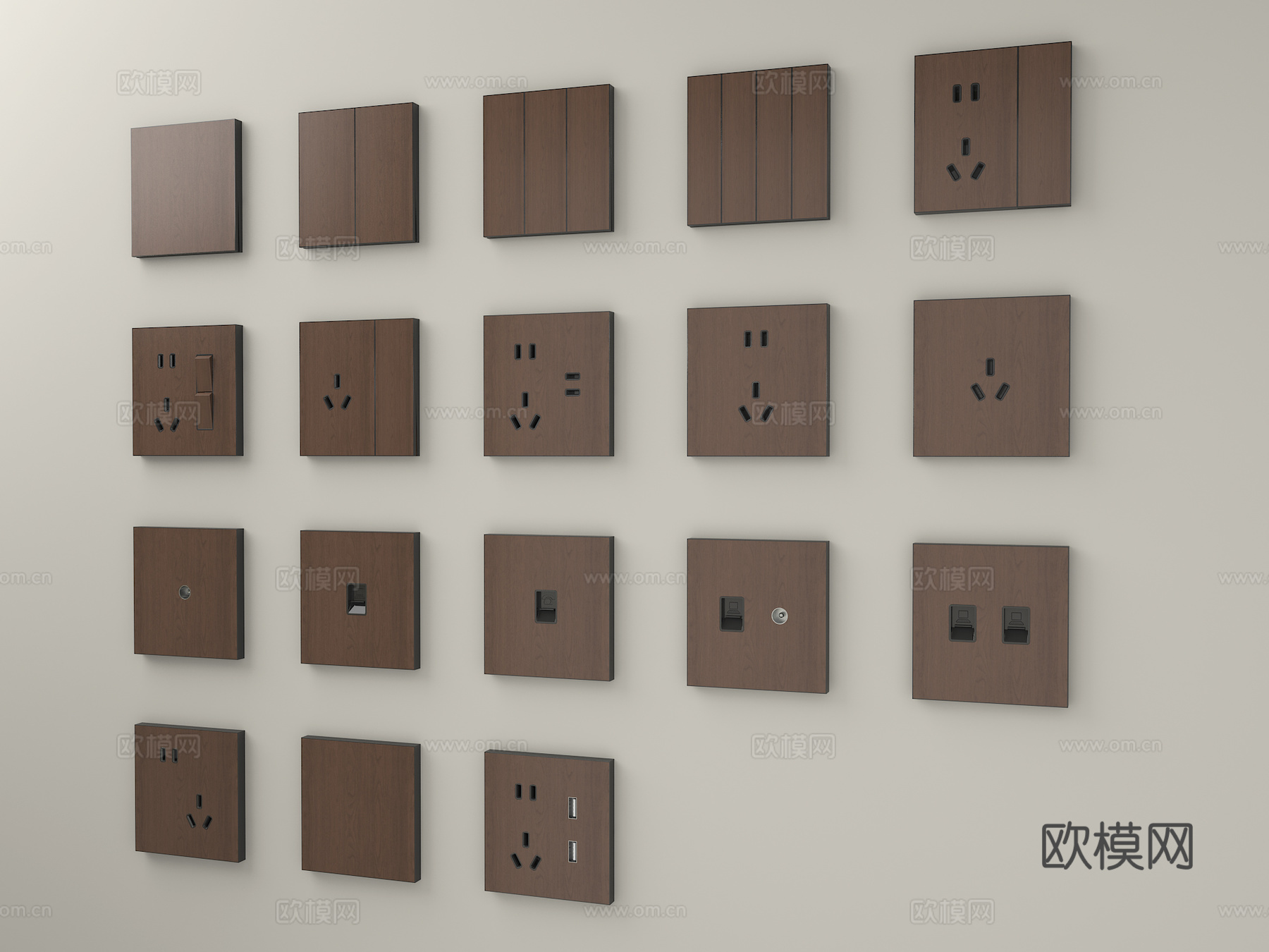 原木风开关插座面板 空调开关 电视电话电脑插座3d模型下载