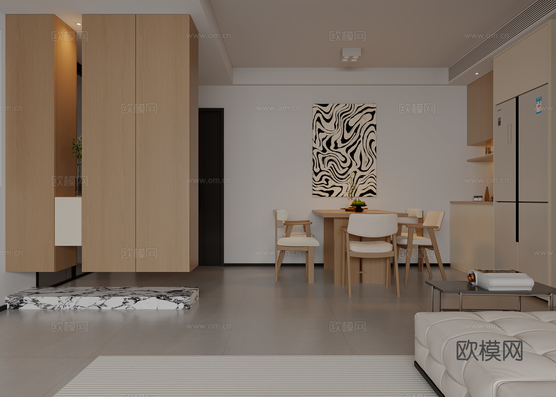 现代原木风客餐厅 沙发茶几组合  吧椅  原木餐桌3d模型