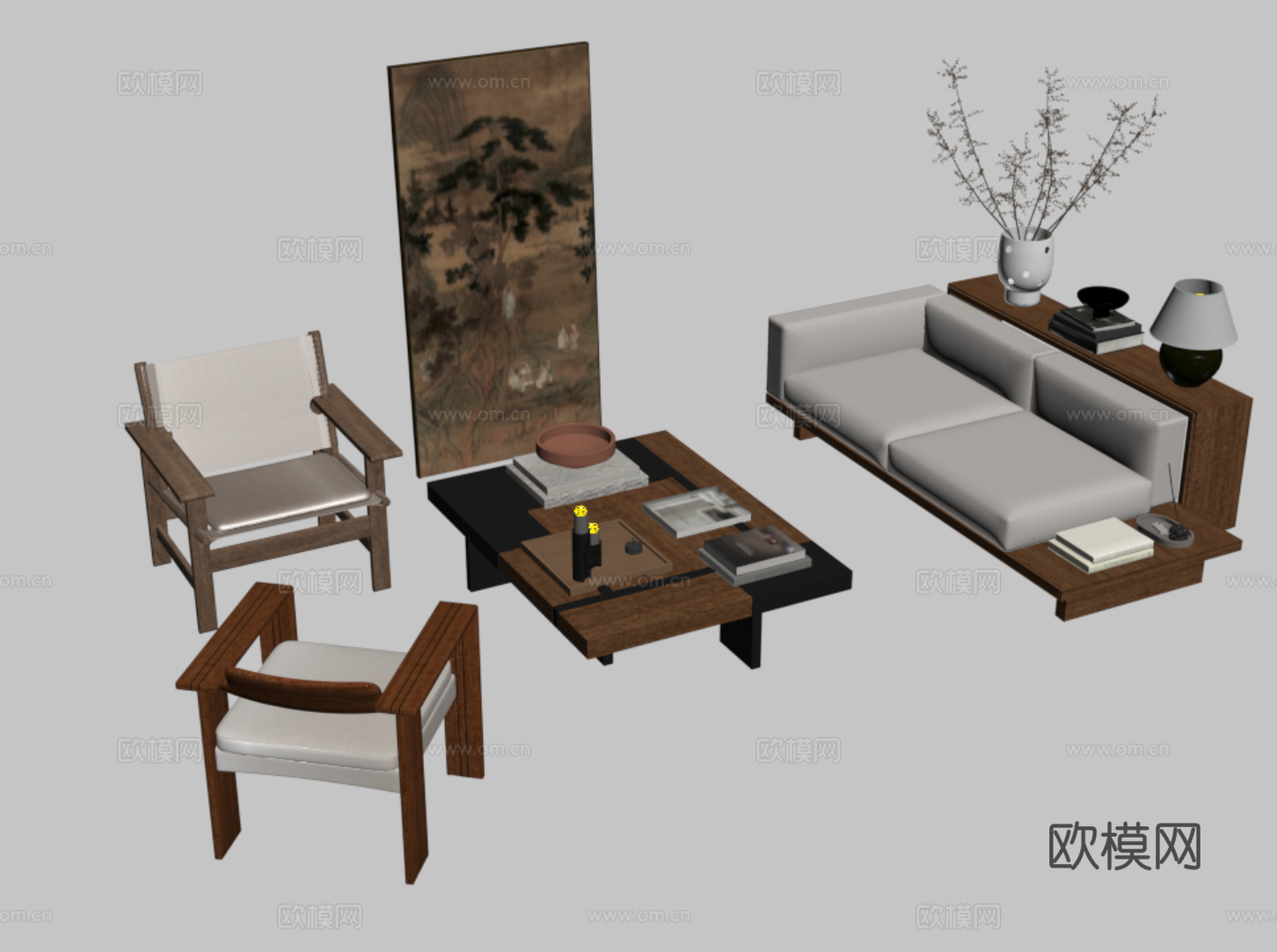 中古风沙发茶几组合su模型下载（渲染图2）
