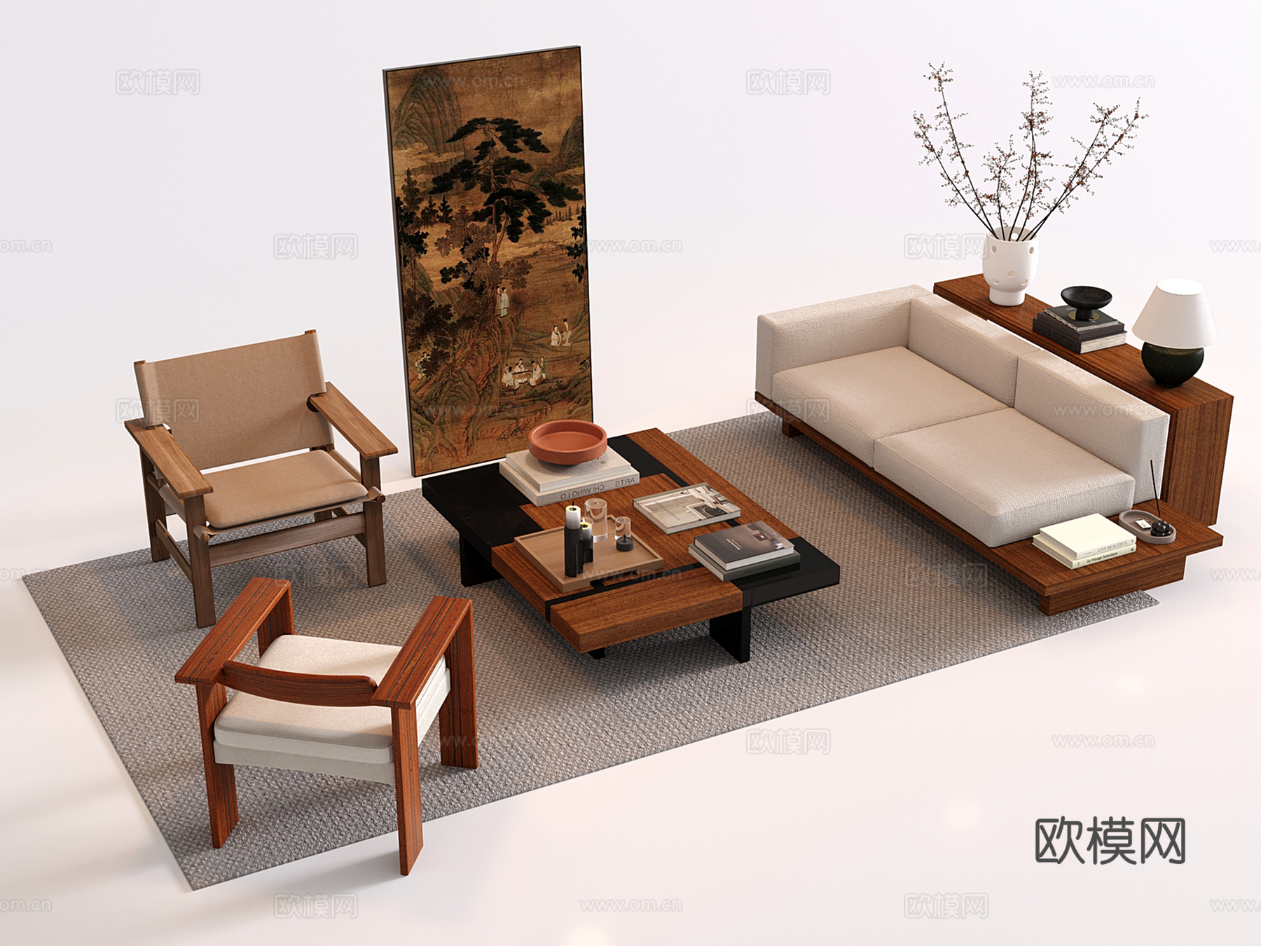 中古风沙发茶几组合su模型下载（渲染图1）