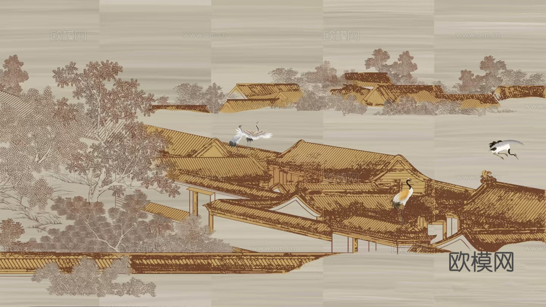 暖色山水建筑壁画