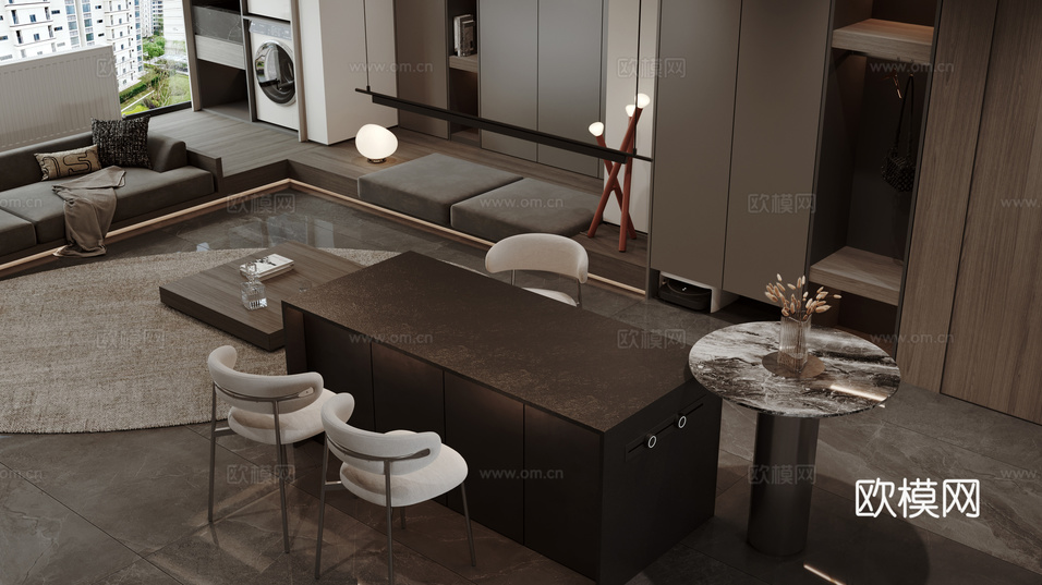 现代意式极简客厅餐厅3d模型下载(渲染图4)
