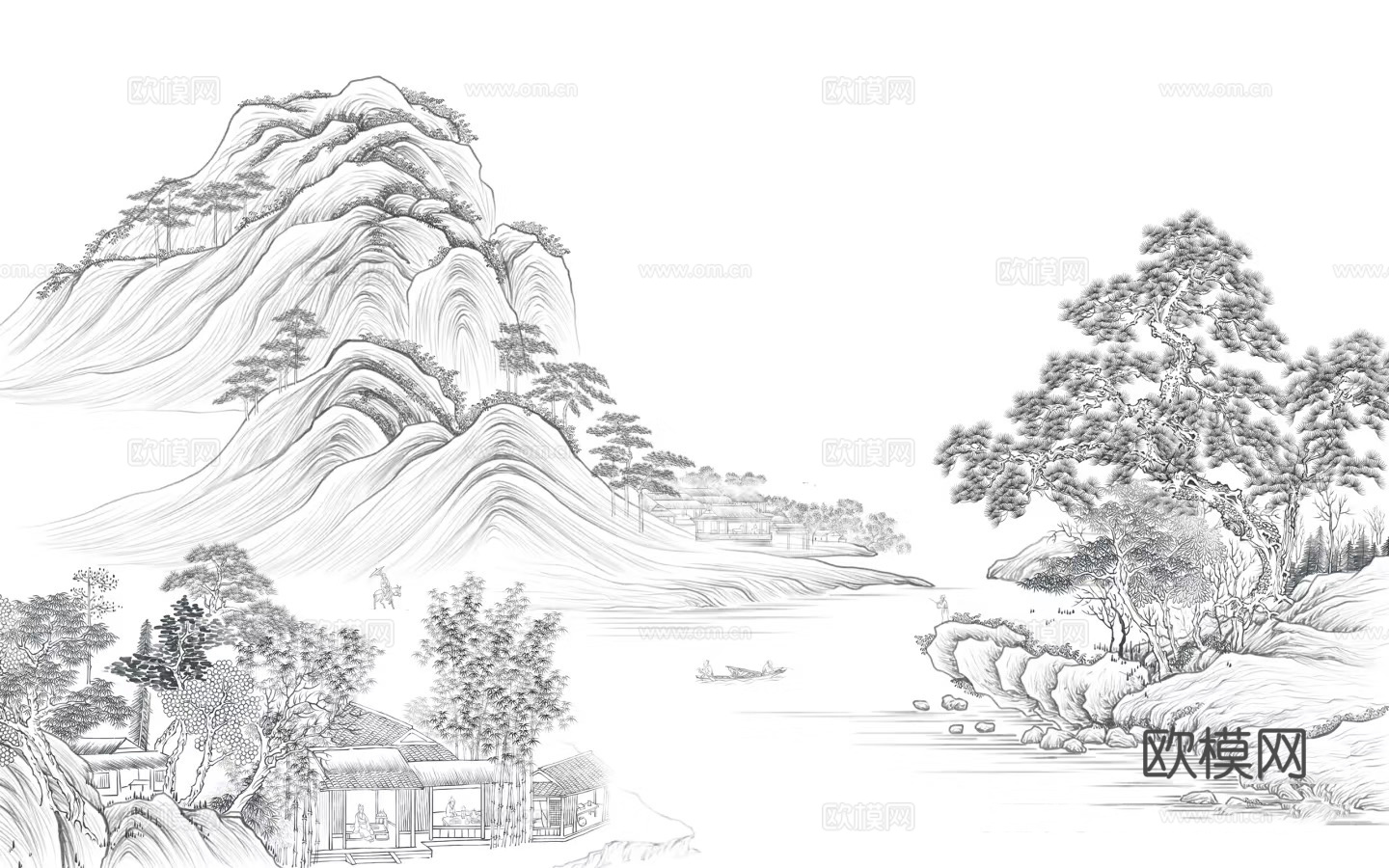 黑白水墨山水壁画