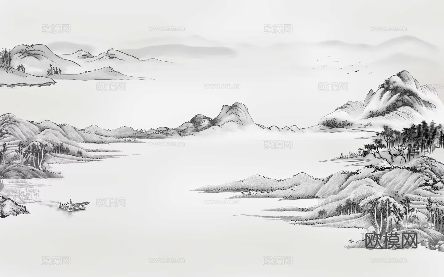 黑白水墨山水壁画