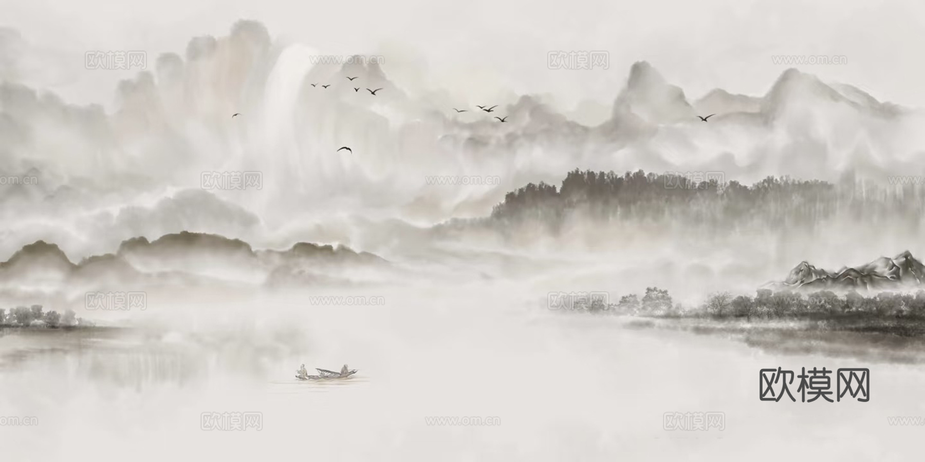 黑白水墨山水壁画