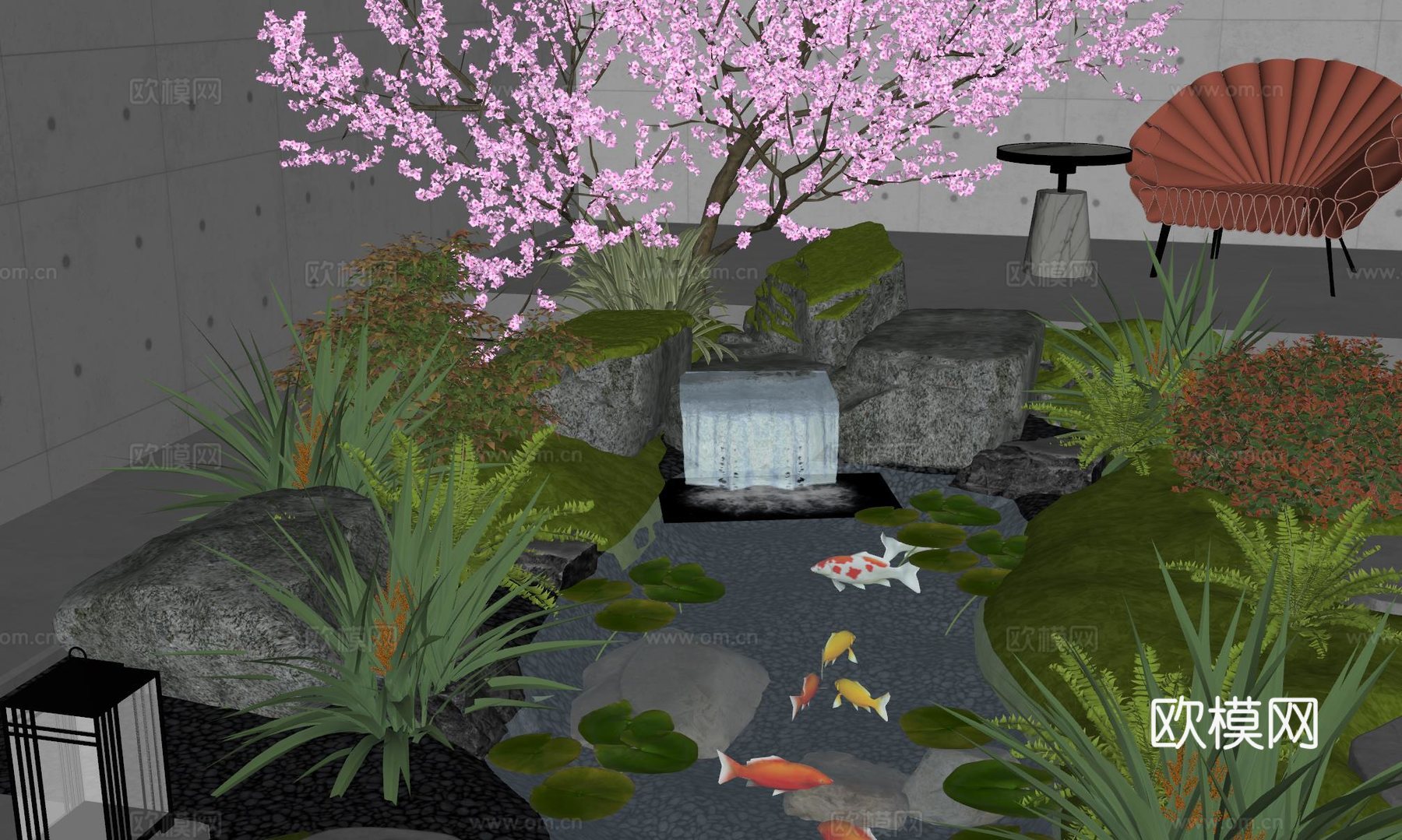 现代庭院景观小品 水景观 叠水 景观植物 鱼池su模型
