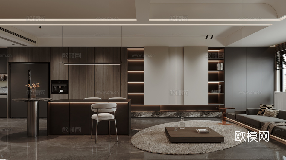 现代意式极简客厅餐厅3d模型下载(渲染图3)