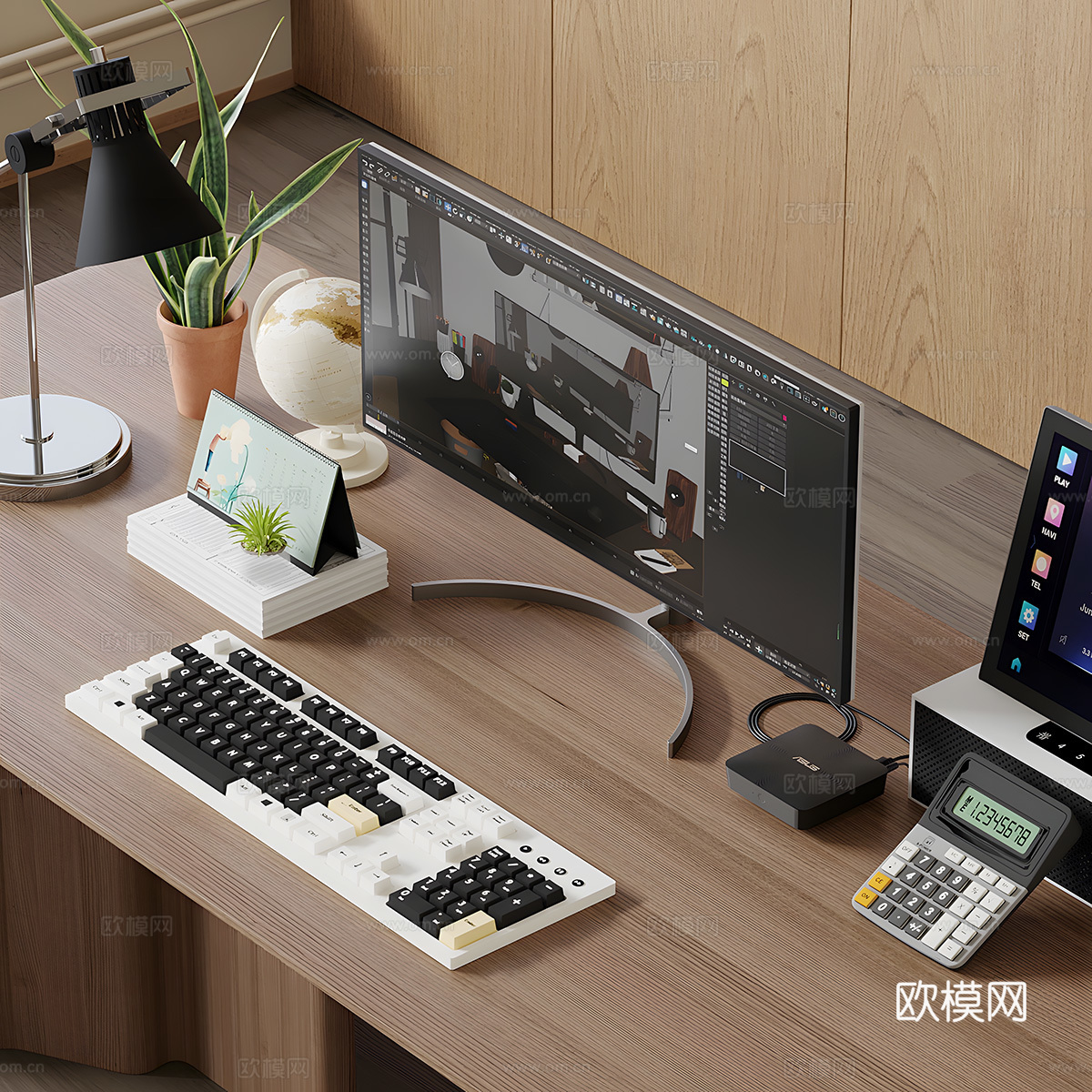 平板电脑 键盘 鼠标 咖啡 花瓶 台灯 桌面摆件 书桌摆件su模型