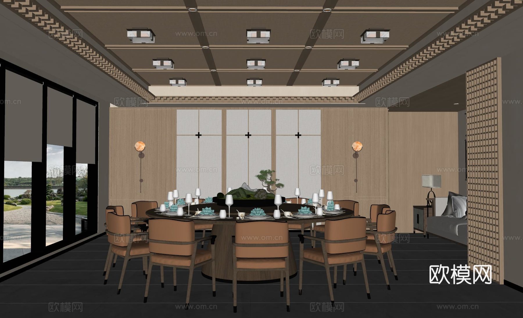 新中式包间  酒店包间 包厢su模型