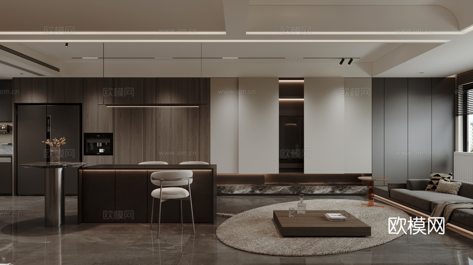 现代意式极简客厅餐厅3d模型下载(渲染图2)