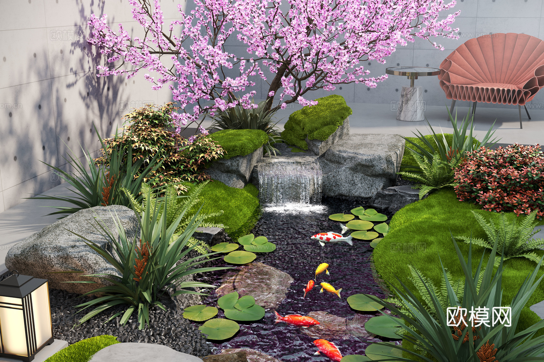 现代庭院景观小品 水景观 叠水 景观植物 鱼池su模型