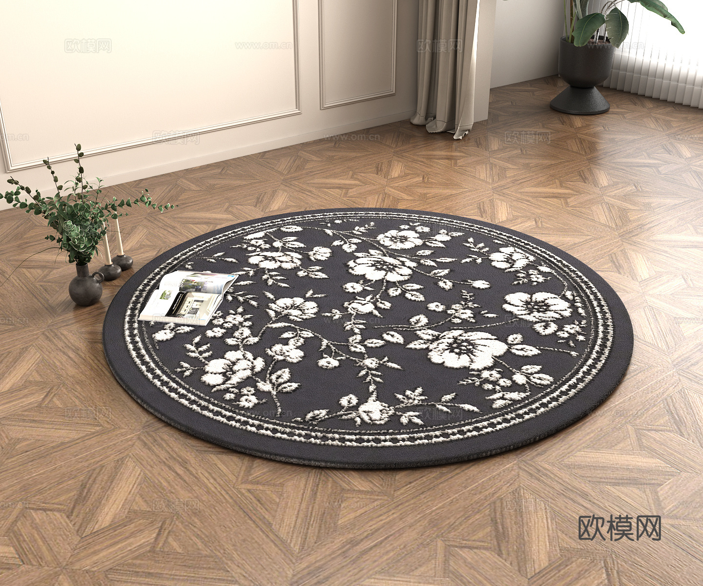 美式复古黑白植物花纹客厅卧室书房圆形地毯3d模型