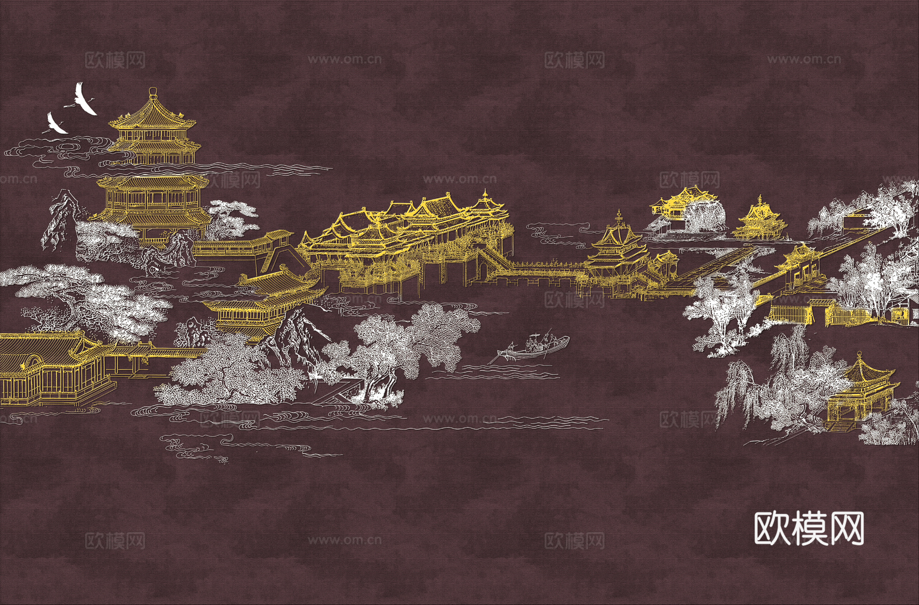 高清新中式楼阁线条肌理背景