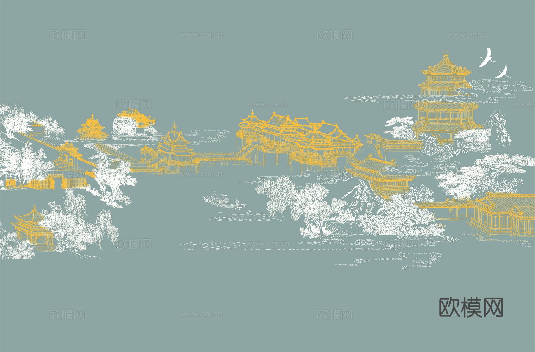 高清新中式楼阁线条肌理背景下载