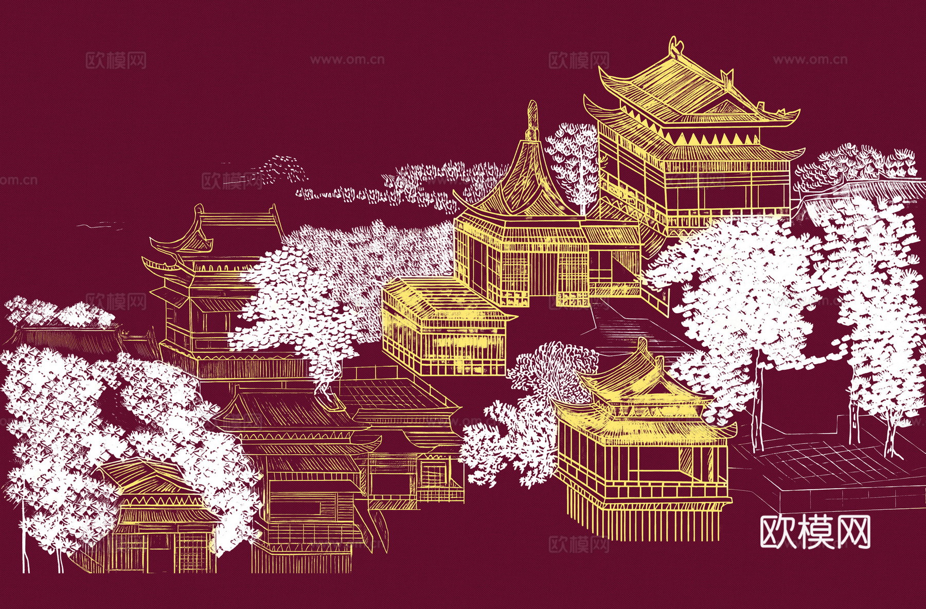 高清新中式楼阁线条肌理背景