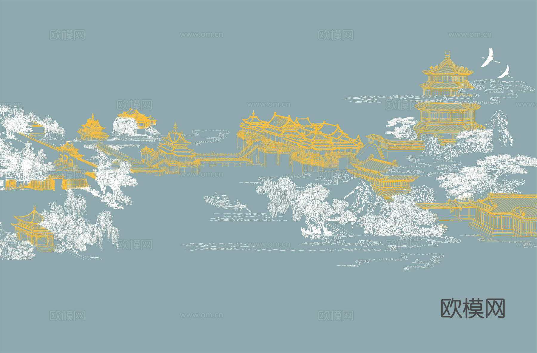 高清新中式楼阁线条肌理背景下载